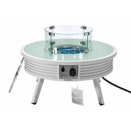 LeisureMod Walbrooke Modern Outdoor Round Fire Pit Table with Powder-Coated Aluminum Frame and Slats Design - White