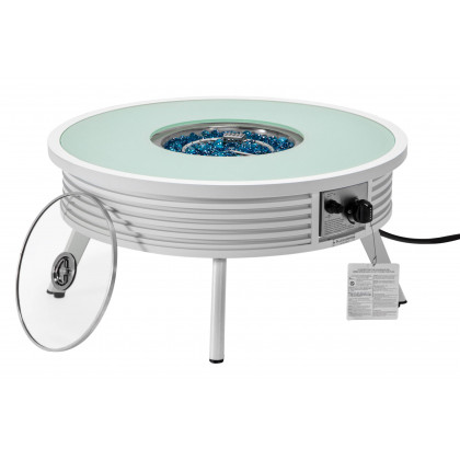 LeisureMod Walbrooke Modern Outdoor Round Fire Pit Table with Powder-Coated Aluminum Frame and Slats Design - White