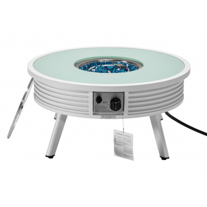 LeisureMod Walbrooke Modern Outdoor Round Fire Pit Table with Powder-Coated Aluminum Frame and Slats Design - White