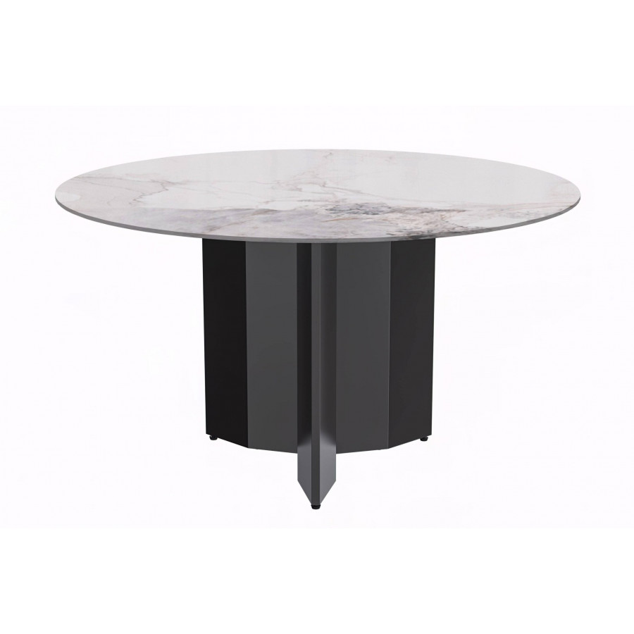 LeisureMod Zevro Modern 60" Round Dining Table with Sintered Stone Top and Black Base - White Gray
