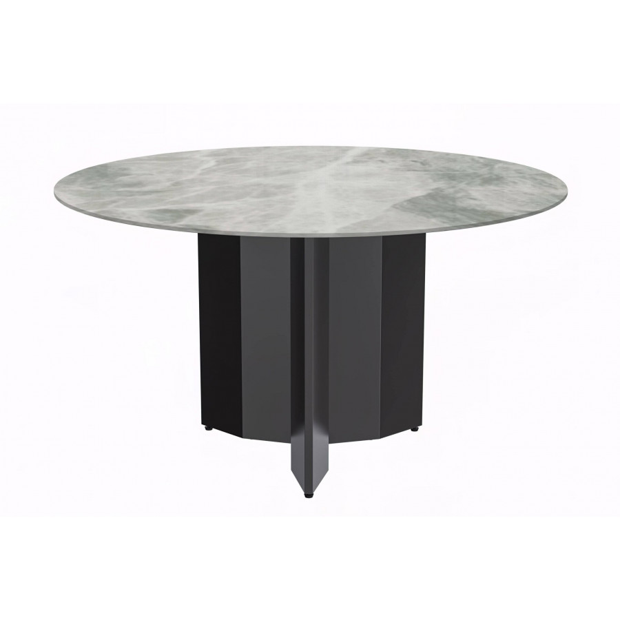 LeisureMod Zevro Modern 60" Round Dining Table with Sintered Stone Top and Black Base - Light Gray