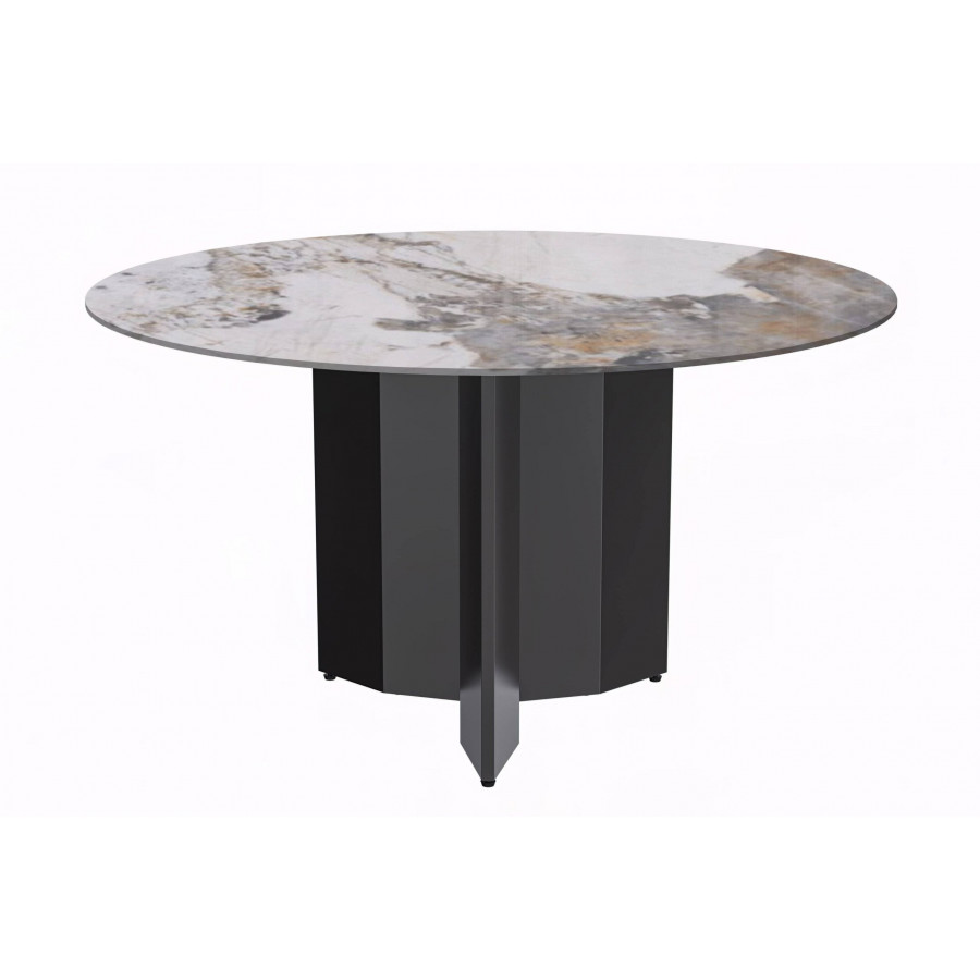 LeisureMod Zevro Modern 60" Round Dining Table with Sintered Stone Top and Black Base - Medium Gray