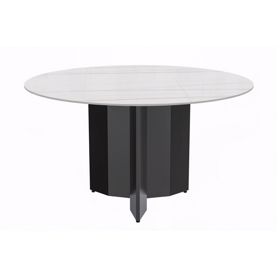 LeisureMod Zevro Modern 60" Round Dining Table with Sintered Stone Top and Black Base - White/Gold