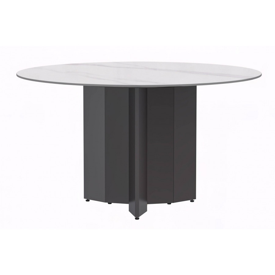 LeisureMod Zevro Modern 60" Round Dining Table with Sintered Stone Top and Black Base - White