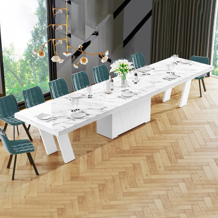 Maxima Aleta Dining Set with 4 Self-Storing Leaves Plus 10 Chairs - Marble/White/Green