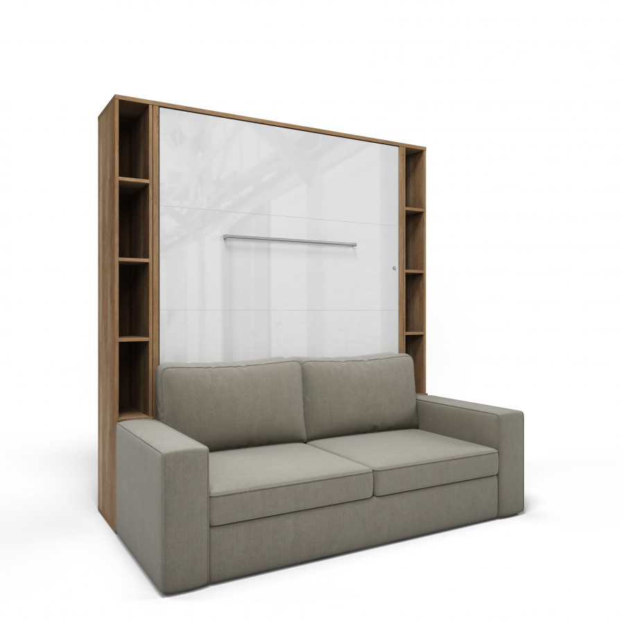 Maxima Inverto Murphy Vertical Bed with Sofa and Two Cabinets - Oak Country/White/Beige, Full Size
