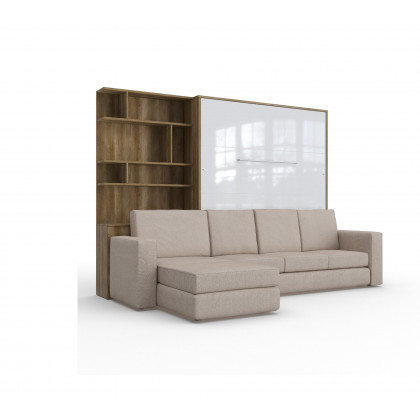 Maxima Inverto Murphy Bed with Sofa and Bookcase - Beige/Oak, Queen Size