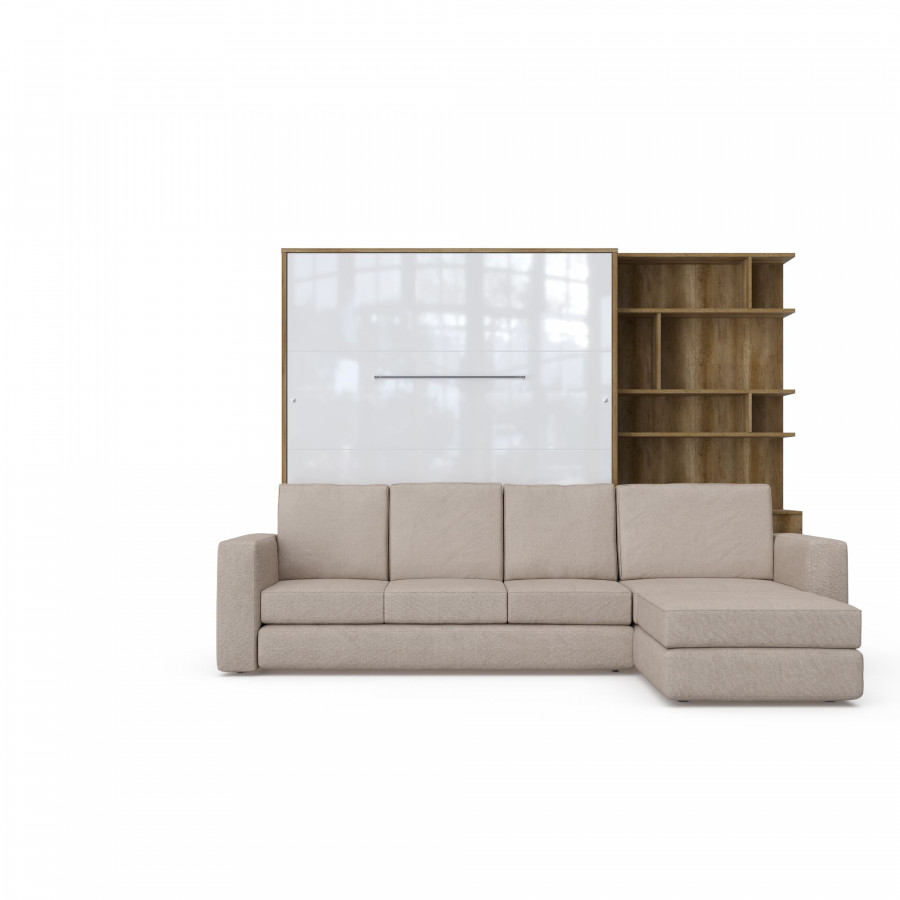 Maxima Inverto Murphy Bed with Sofa and Bookcase - Beige/Oak, Queen Size
