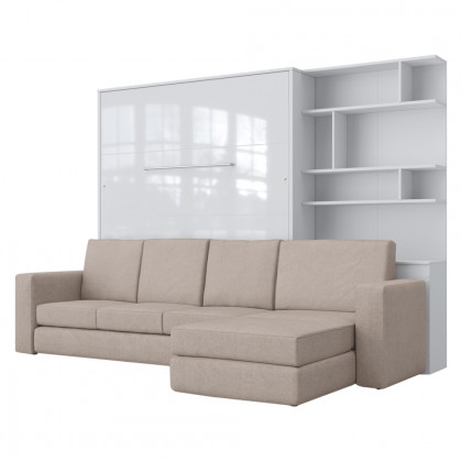 Maxima Inverto Murphy Bed with Sofa and Bookcase - Beige/White, Queen Size