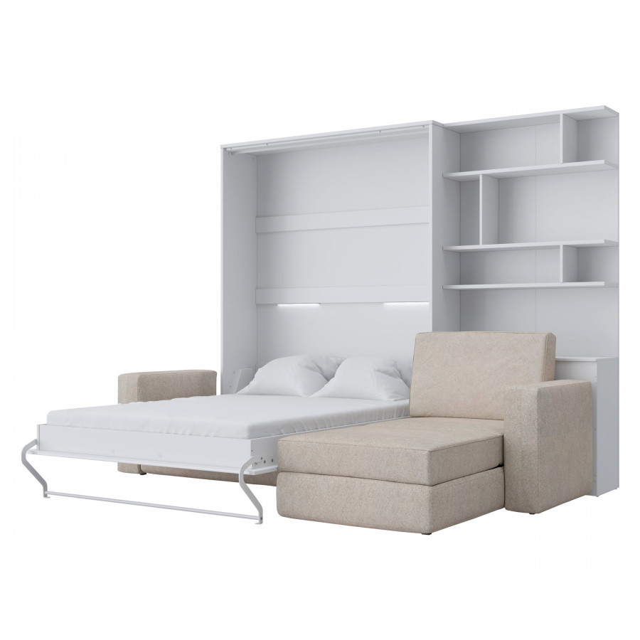 Maxima Inverto Murphy Bed with Sofa and Bookcase - Beige/White, Queen Size