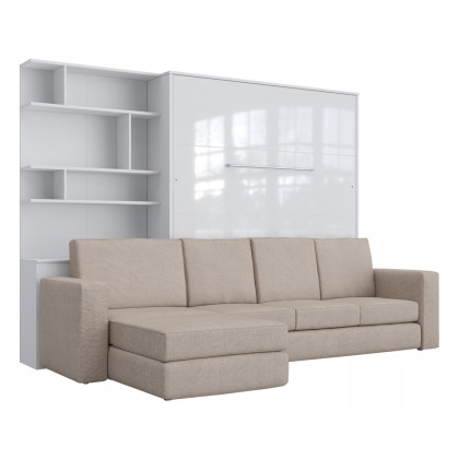 Maxima Inverto Murphy Bed with Sofa and Bookcase - Beige/White, Queen Size