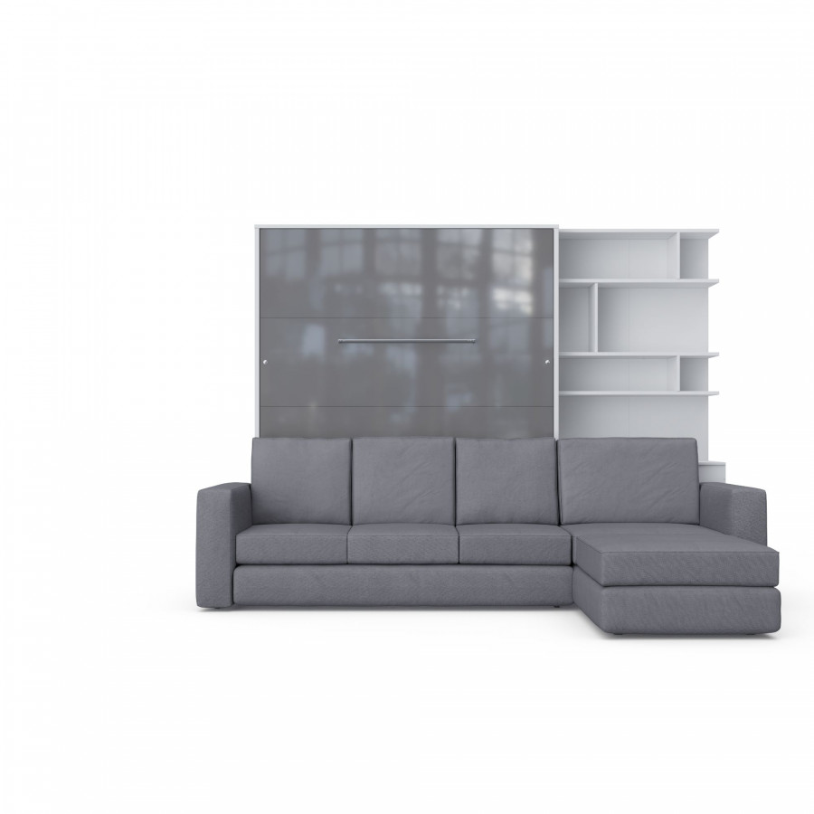 Maxima Inverto Murphy Bed with Sofa and Bookcase - Gray/White/Gray, Queen Size