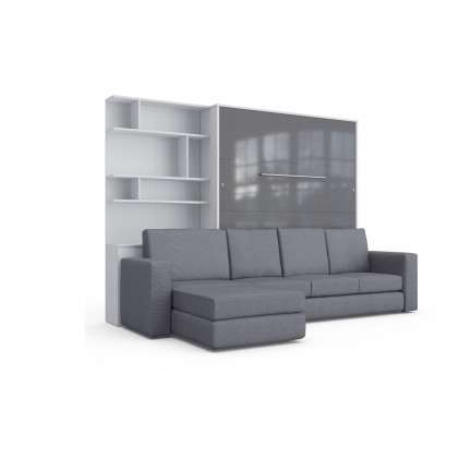 Maxima Inverto Murphy Bed with Sofa and Bookcase - Gray/White/Gray, Queen Size