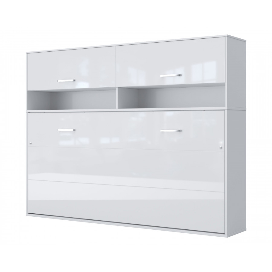 Maxima Inverto Murphy Horizontal Wall Bed with Cabinet on Top - Venatino White, Full Size