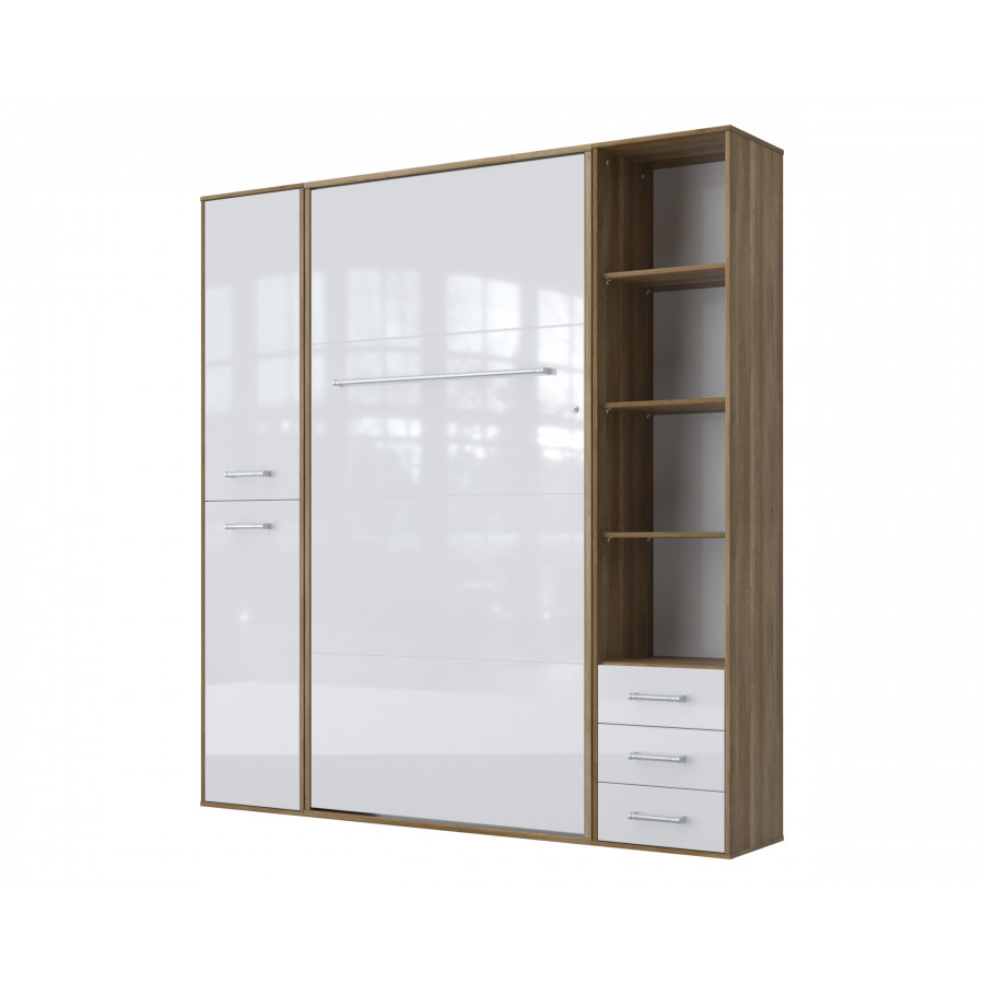 Maxima Inverto Murphy Vertical Wall Bed with 2 Cabinets and Open Storage - Oak Country/White, Full Size