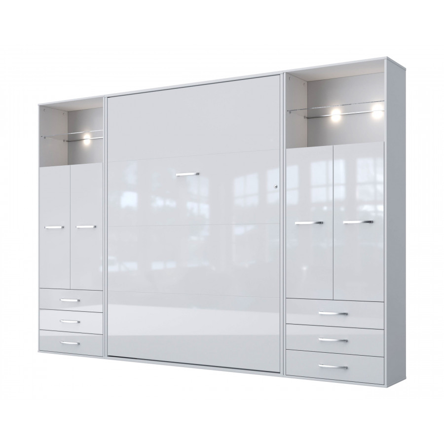 Maxima Inverto Murphy Vertical Wall Bed with 2 Cabinets - White, Full Size