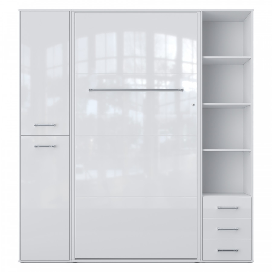 Maxima Inverto Murphy Vertical Wall Bed with 2 Cabinets and Open Storage - Venatino White, Full XL Size