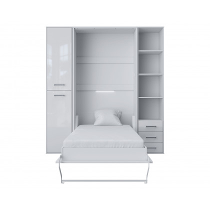 Maxima Inverto Murphy Vertical Wall Bed with 2 Cabinets and Open Storage - Venatino White, Full XL Size