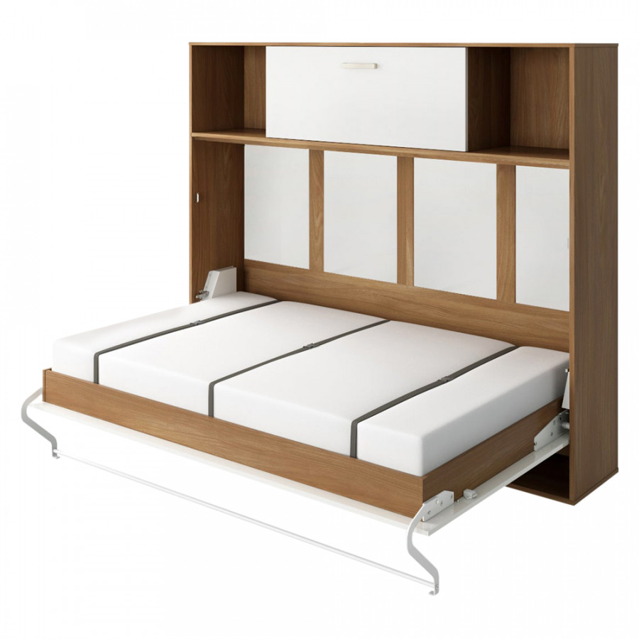 Maxima Inverto Murphy Horizontal Wall Bed with Cabinet and Open Storage on Top - White/Gray, Twin Size
