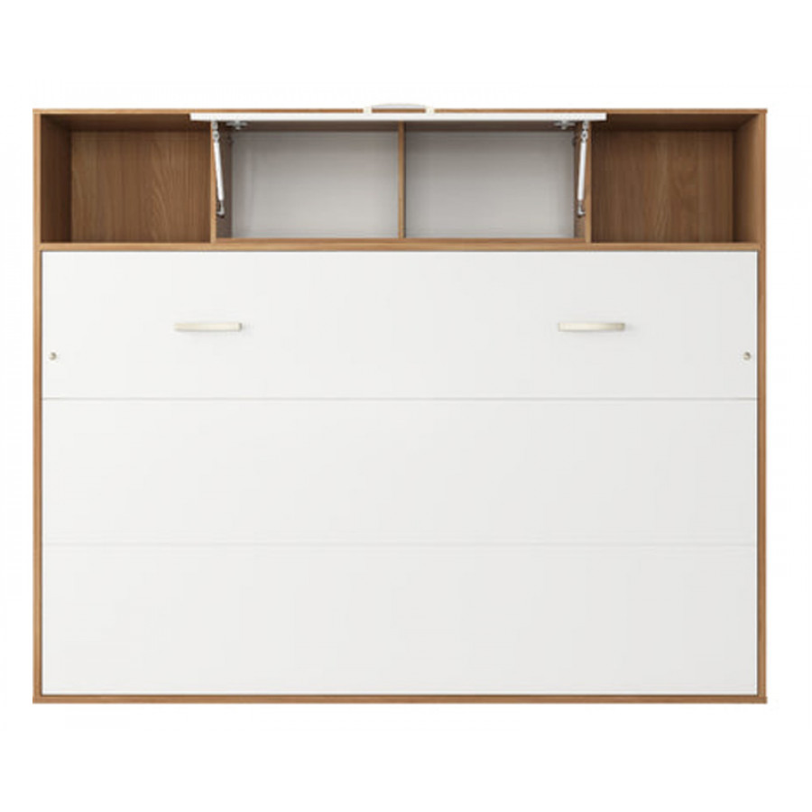 Maxima Inverto Murphy Horizontal Wall Bed with Cabinet and Open Storage on Top - Oak Country/White, Twin Size