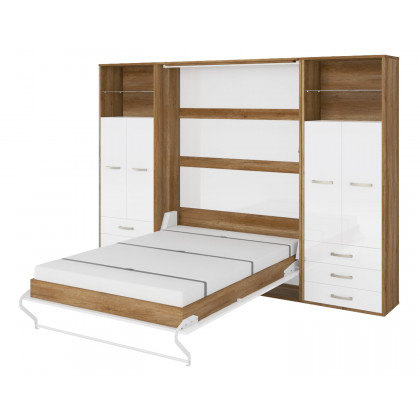 Maxima Inverto Murphy Vertical Wall Bed with 2 Cabinets - Oak Country/White, Twin Size