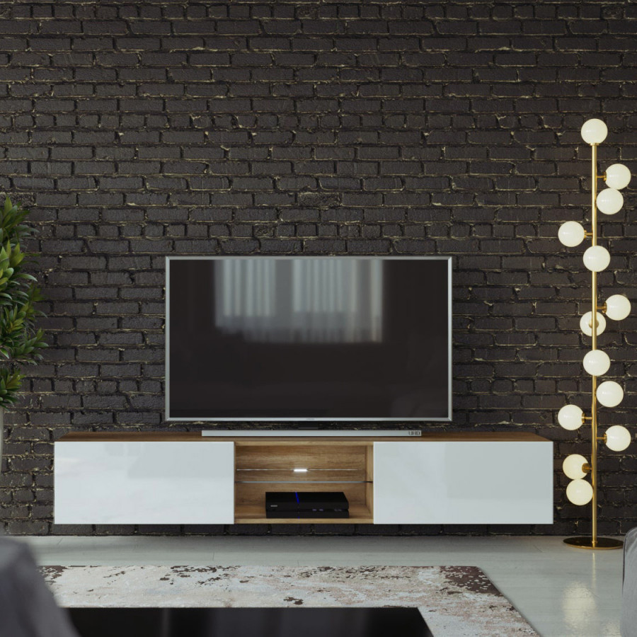 Maxima Modern Floating 71" Long TV Stand Vigo Glass with Led - White/Slate Gray
