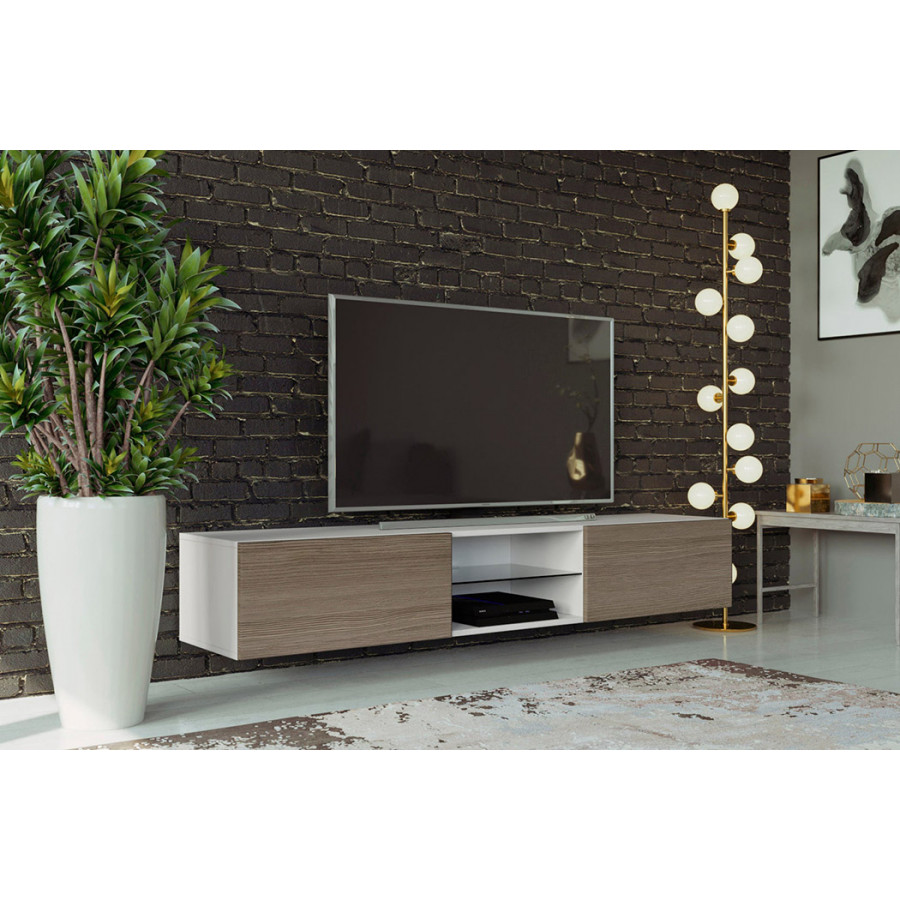 Maxima Modern Floating 71" Long TV Stand Vigo Glass with Led - White/Maple