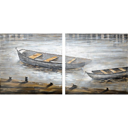 Mercana - Creekside Diptych 80x40 Boats Original Hand Painted on Wood Oil Painting