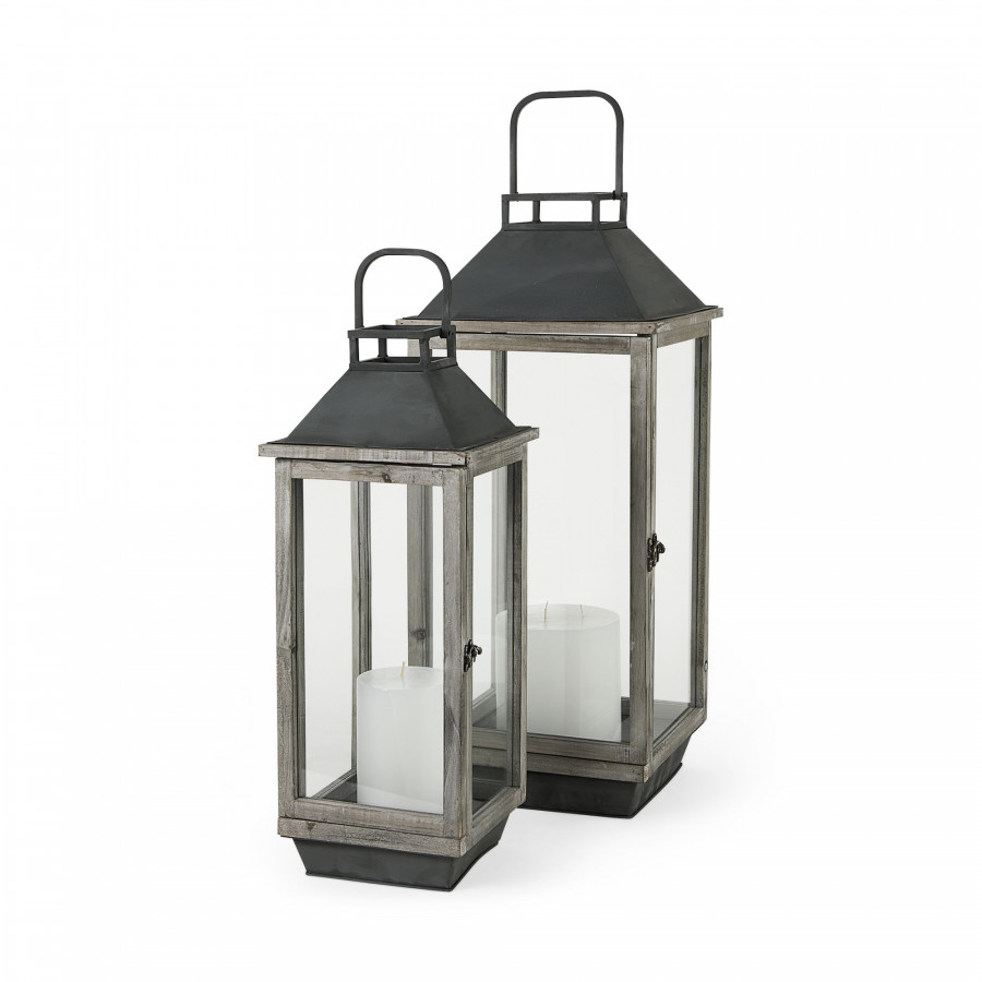 Mercana - Keyrock Brown Wood Metal Candle Holder Lanterns (Set of 2)