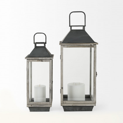 Mercana - Keyrock Brown Wood Metal Candle Holder Lanterns (Set of 2)