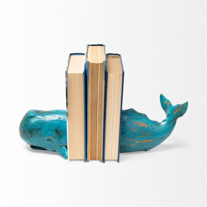 Mercana - Langdon 10L x 5W Blue Polyresin Whale Bookends (Set of 2)