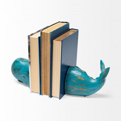 Mercana - Langdon 10L x 5W Blue Polyresin Whale Bookends (Set of 2)