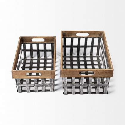 Mercana - Chartrand Wood And Metal Open Crate Style Baskets (Set of 2)