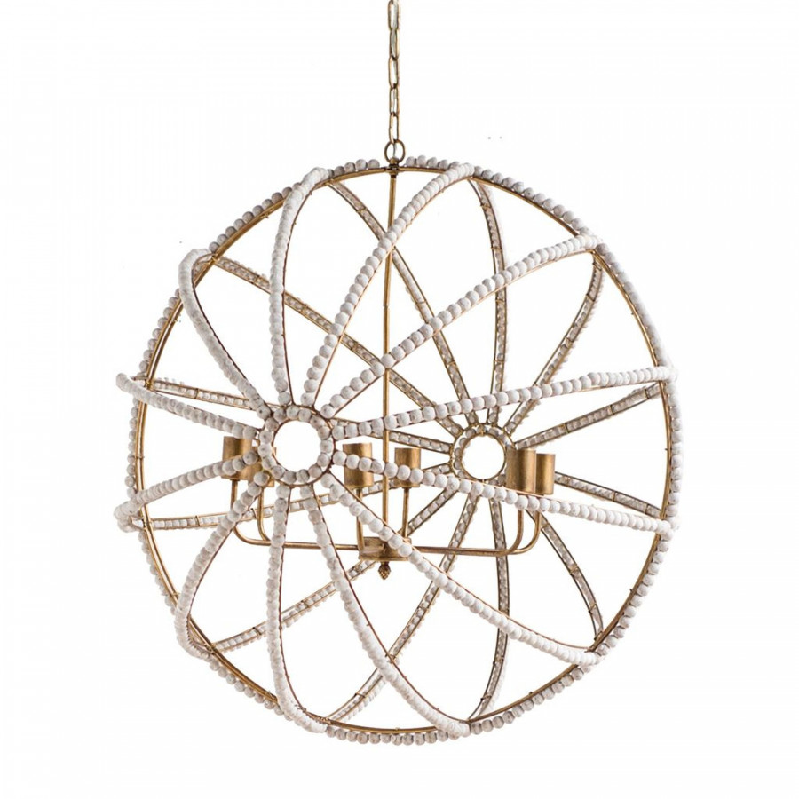 Mercana - Ava White Gold Metal and White Wood Beaded Six Bulb Chandelier