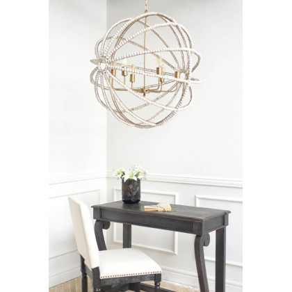 Mercana - Ava White Gold Metal and White Wood Beaded Six Bulb Chandelier