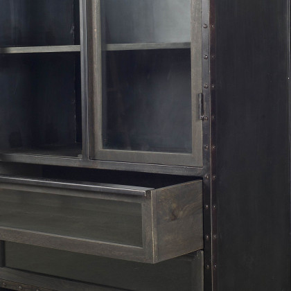 Mercana - Gehry Dark Brown Metal Brown Wood and Glass Door Display Cabinet