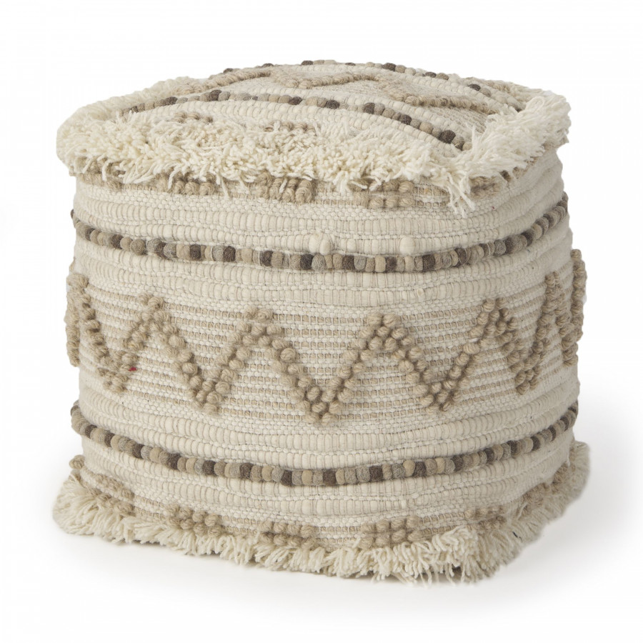 Mercana - Caela Beige/Brown Wool, Cotton and Felt Popcorn Stitch Square Pouf
