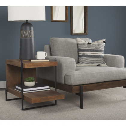 Mercana - Maddox Medium Brown Wood with Black Metal U-shaped End/Side Table