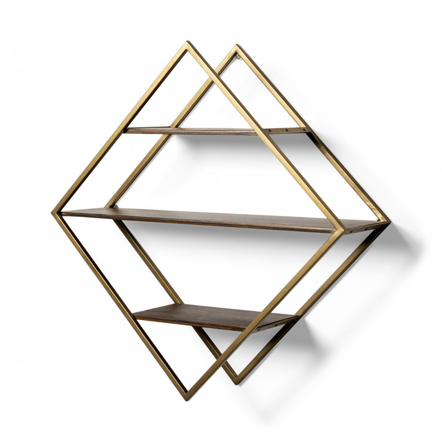 Mercana - Neil I Diamond Shape Wall Mounted Brass Frame w Three Wood Wall Shelves