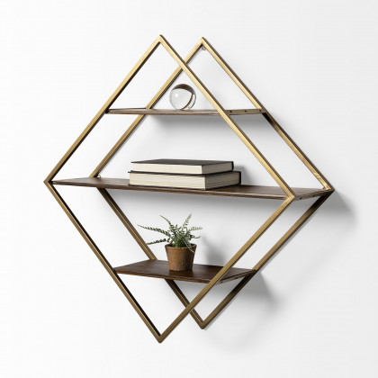 Mercana - Neil I Diamond Shape Wall Mounted Brass Frame w Three Wood Wall Shelves