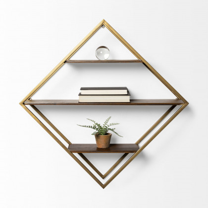 Mercana - Neil I Diamond Shape Wall Mounted Brass Frame w Three Wood Wall Shelves