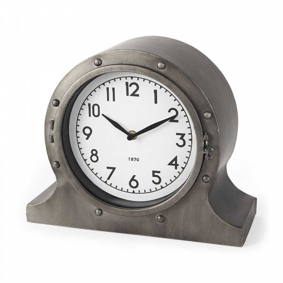 Mercana - Camden Gray Distressed Metal Porthole Table Clock