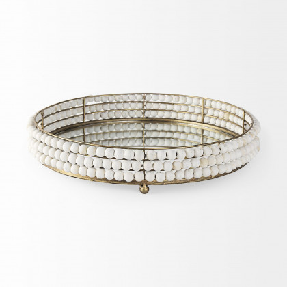 Mercana Decatur I Wooden Bead Mirrored Bottom Round Tray - White