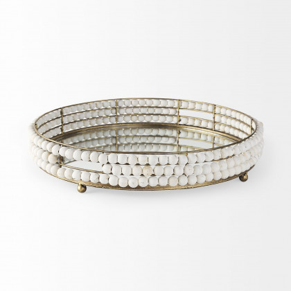 Mercana Decatur I Wooden Bead Mirrored Bottom Round Tray - White