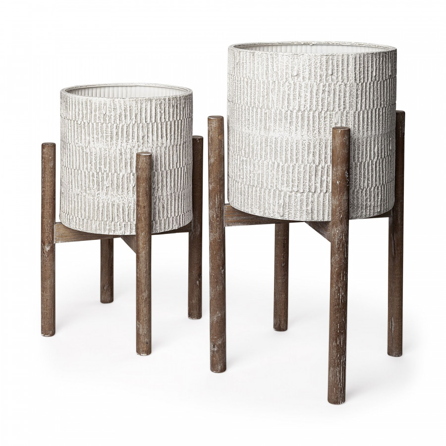 Mercana - Groot 11.8 x 23 Eggshell Ceramic Wooden Base Plant Stands (Set of 2)