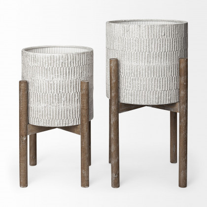 Mercana - Groot 11.8 x 23 Eggshell Ceramic Wooden Base Plant Stands (Set of 2)