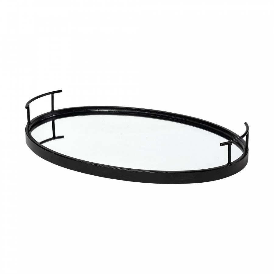 Mercana - Ansel 20L x 14W Black Metal Mirrored Bottom Oval Serving Tray