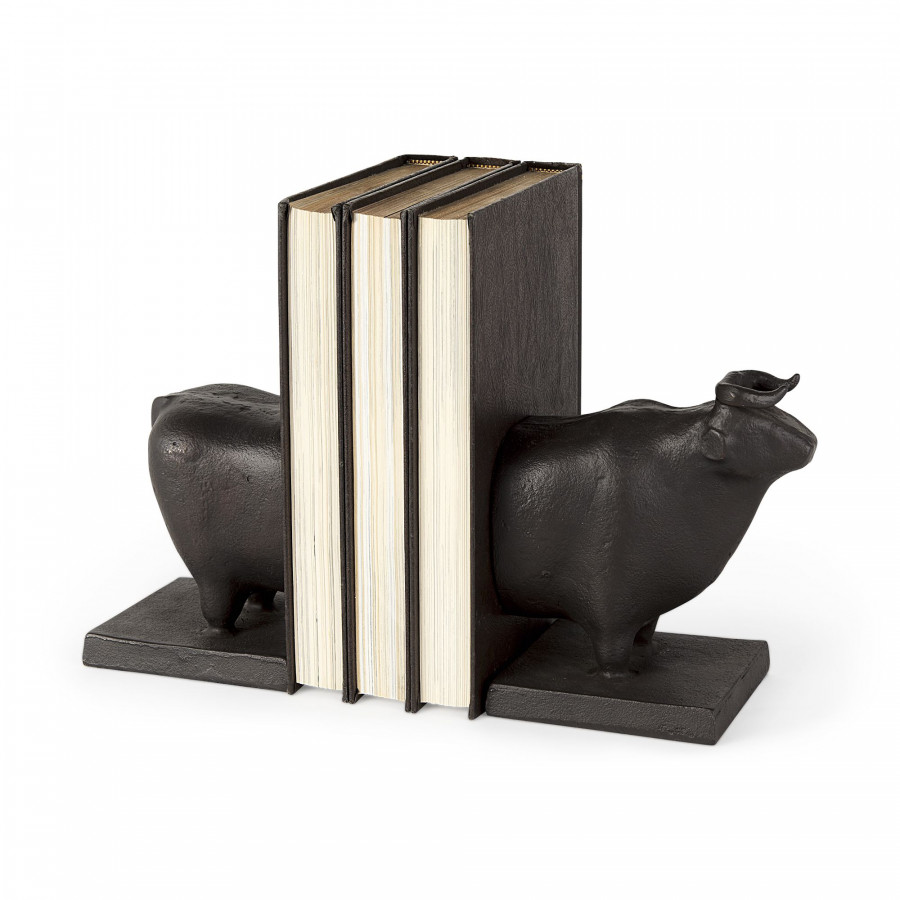 Mercana - Taurus III 9L x 4W Black Cast Aluminum Bull Bookends (Set of 2)