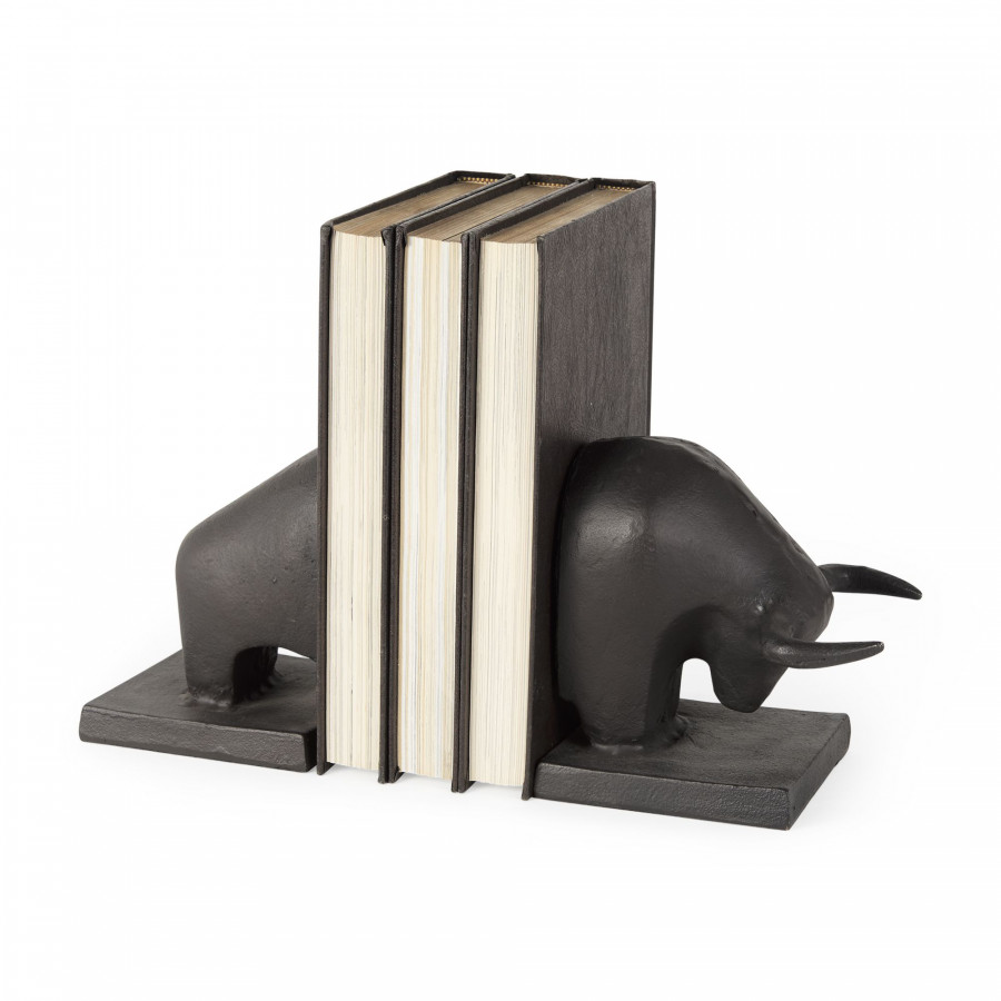 Mercana - Tauro III 10L x 5W Black Cast Aluminum Raging Bull Bookends (Set of 2)