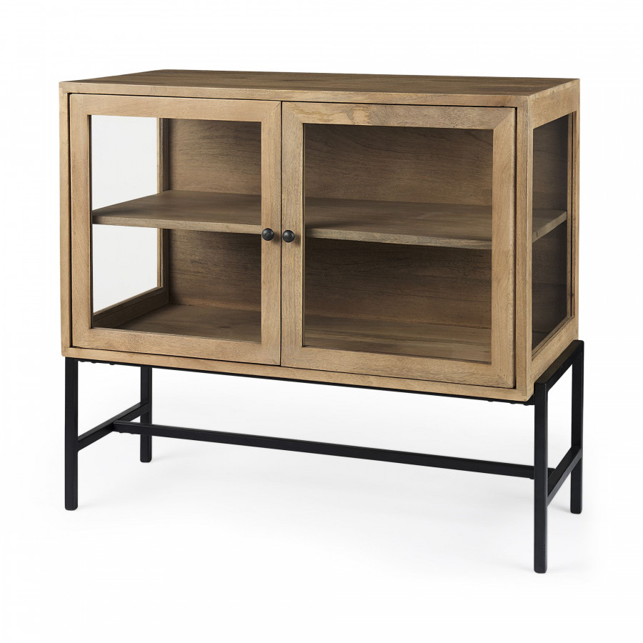Mercana Arelius Wood Black Metal Base with 2 Glass Doors Accent Cabinet - Light Brown